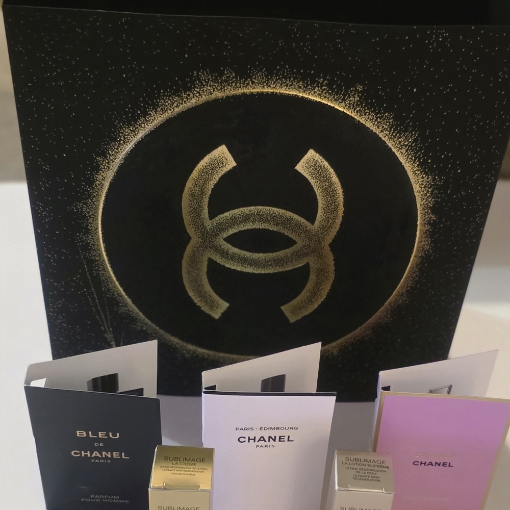 CHANEL Luxury Sample Set of 5 Black and Gold Accents on Display Box!